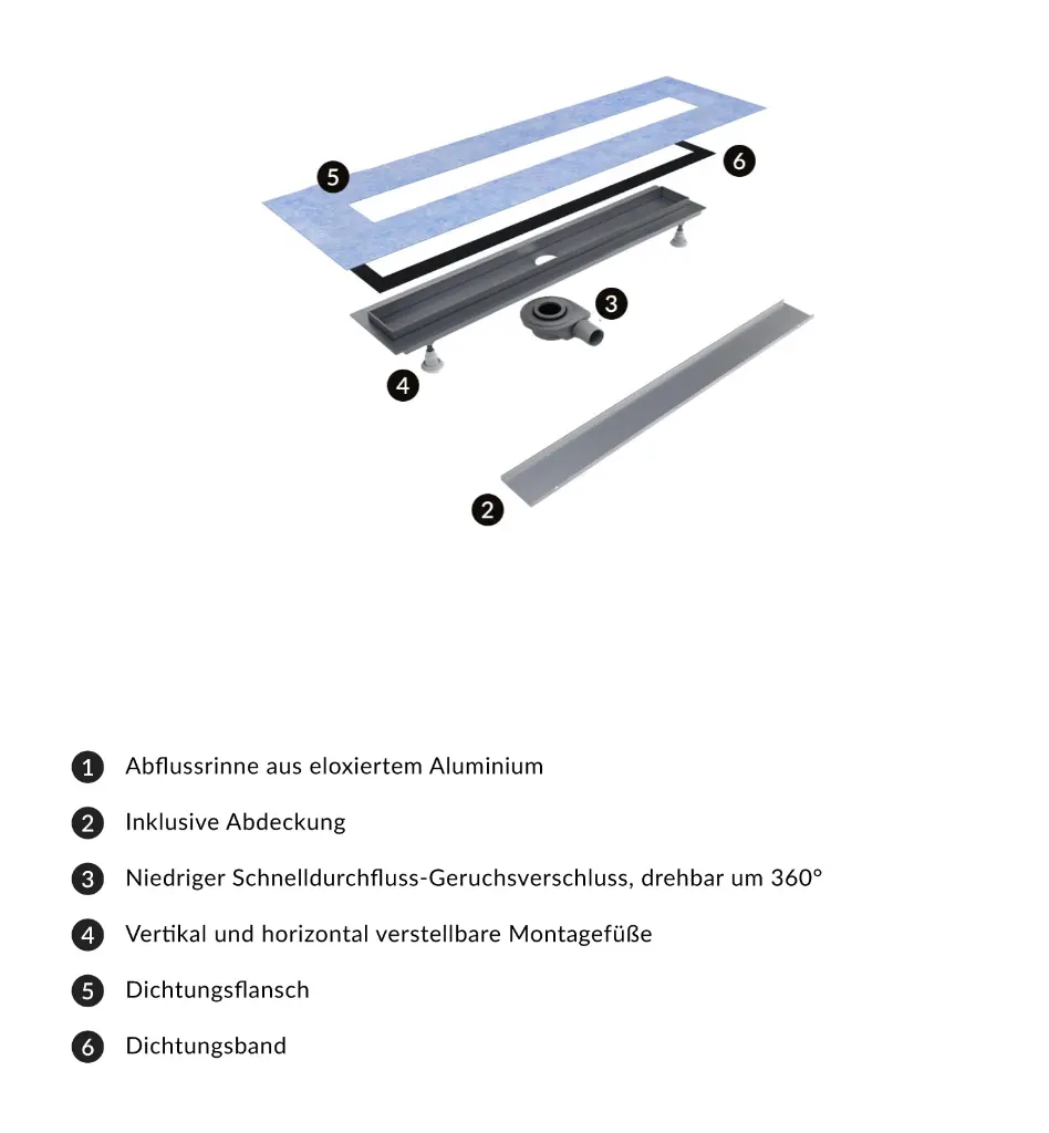 Duschrinne mit befliesbarer Blende, 90 cm Silber seidenmatt (SL) LOWFIX90TSL