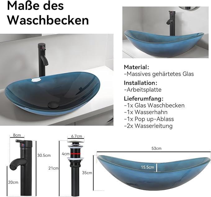 Design-Handwaschbecken mit Ablauf und Wasserhahn (Schwarz Matt) aus Glas – Oval 53 × 35 cm, 