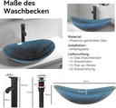 Design-Handwaschbecken mit Ablauf und Wasserhahn (Schwarz Matt) aus Glas – Oval 53 × 35 cm, 