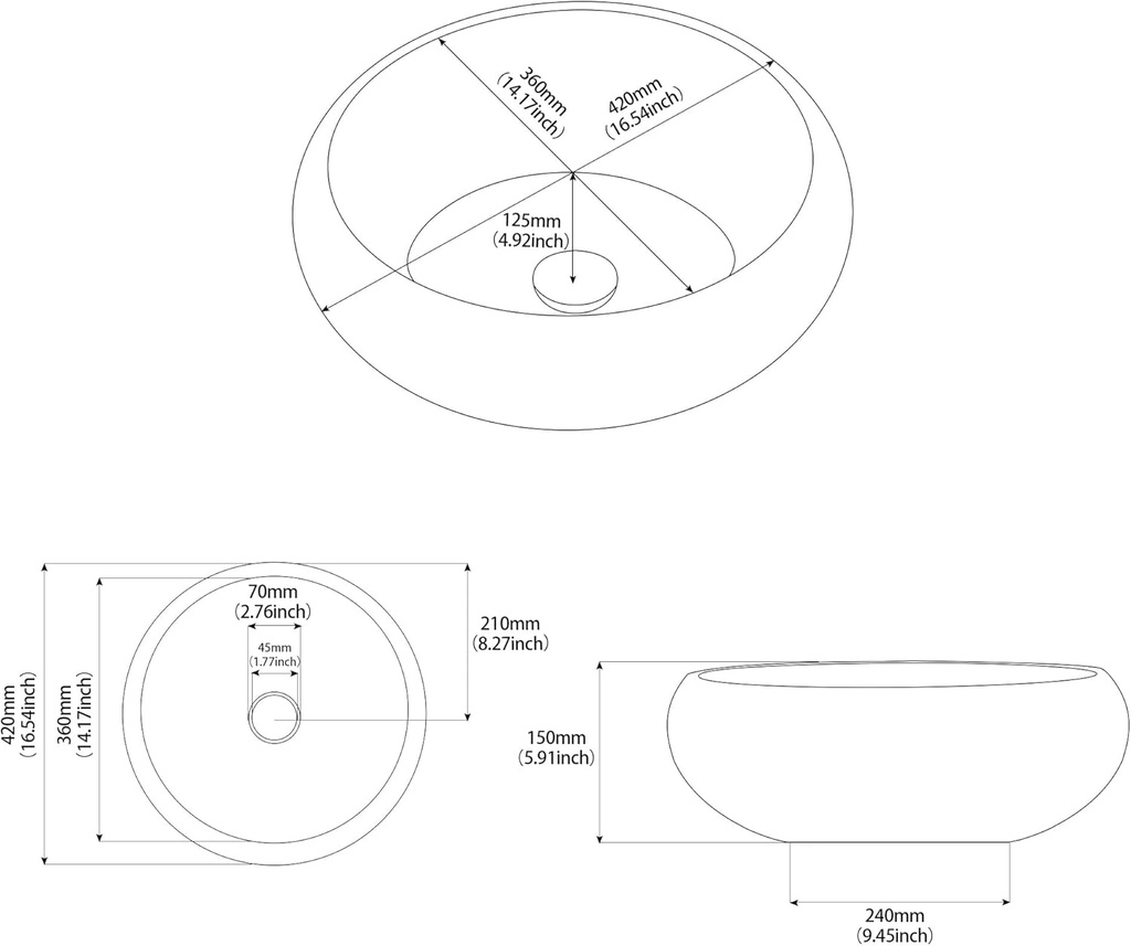 Design Waschschale aus Keramik – Rund 42 × 15 cm, Handgefertigt,Schwarz & Brown