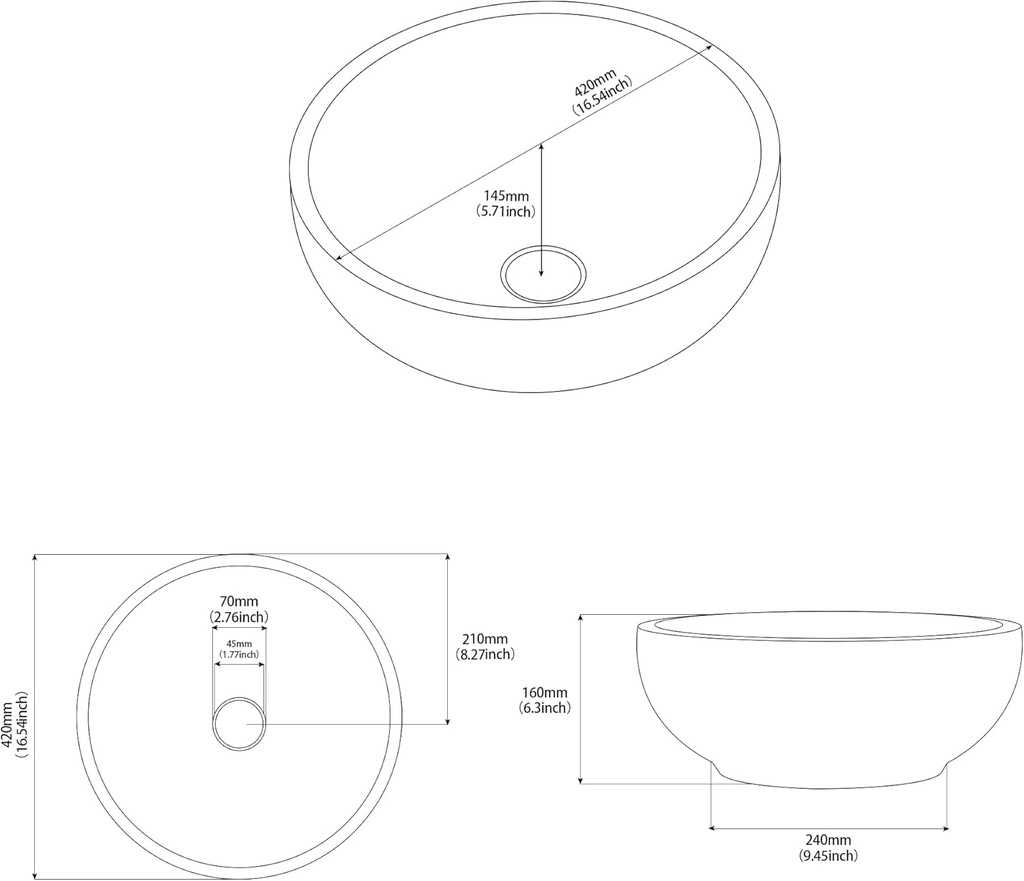 Design-Waschschale aus Keramik Schwarz Handgefertig– Rund 42 × 16 cm 