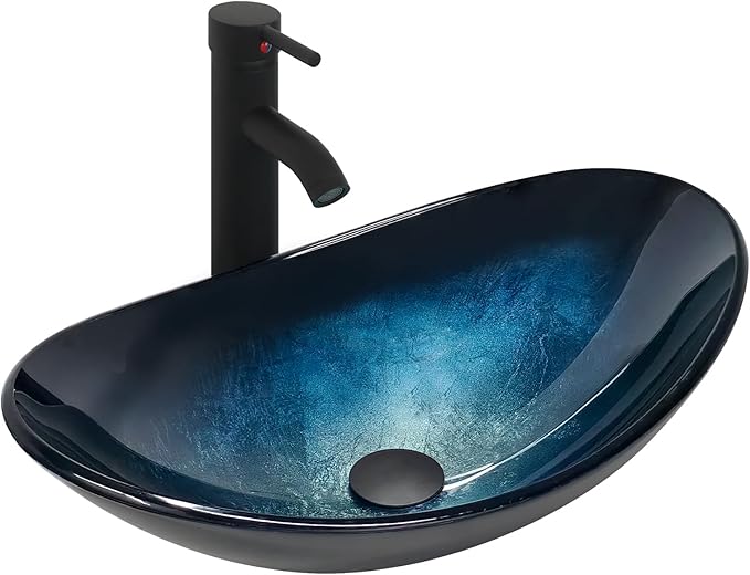ZealWe Glas-Waschtisch Aufsatzbecken – Oval, 53 × 35 cm, Farbverlauf Blau-Schwarz, mit Ablaufgarnitur