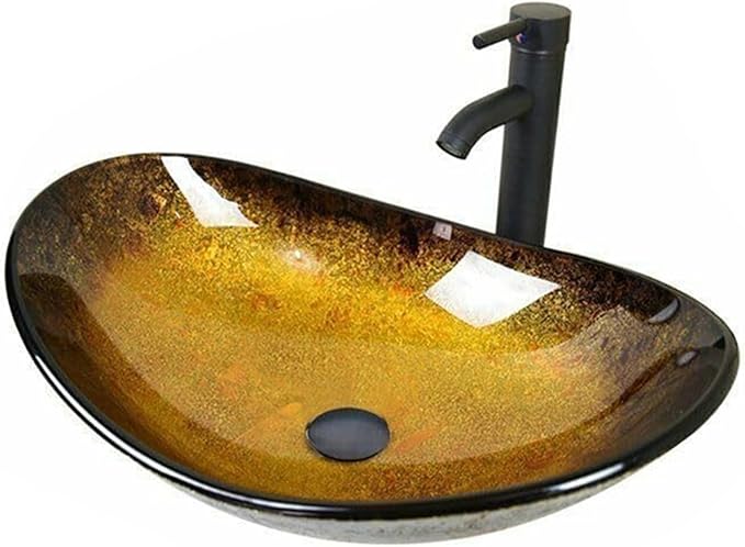 Design-Handwaschbecken mit Ablauf und Wasserhahn (Schwarz Matt) aus Glas – Oval 53 × 35 cm,Schwarz-Gold Verlauf 