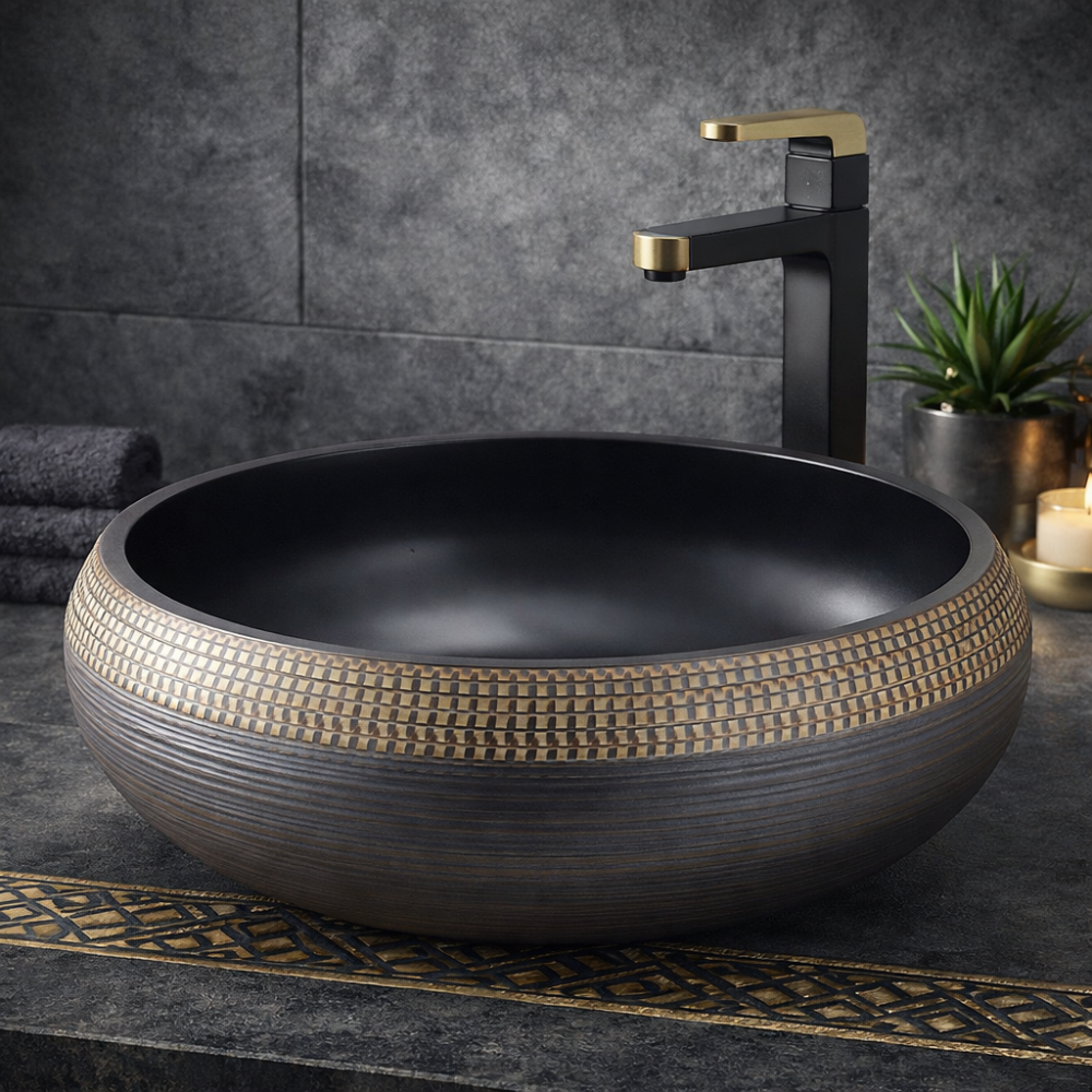 Design Waschschale aus Keramik – Rund 42 × 15 cm, Handgefertigt,Schwarz & Brown