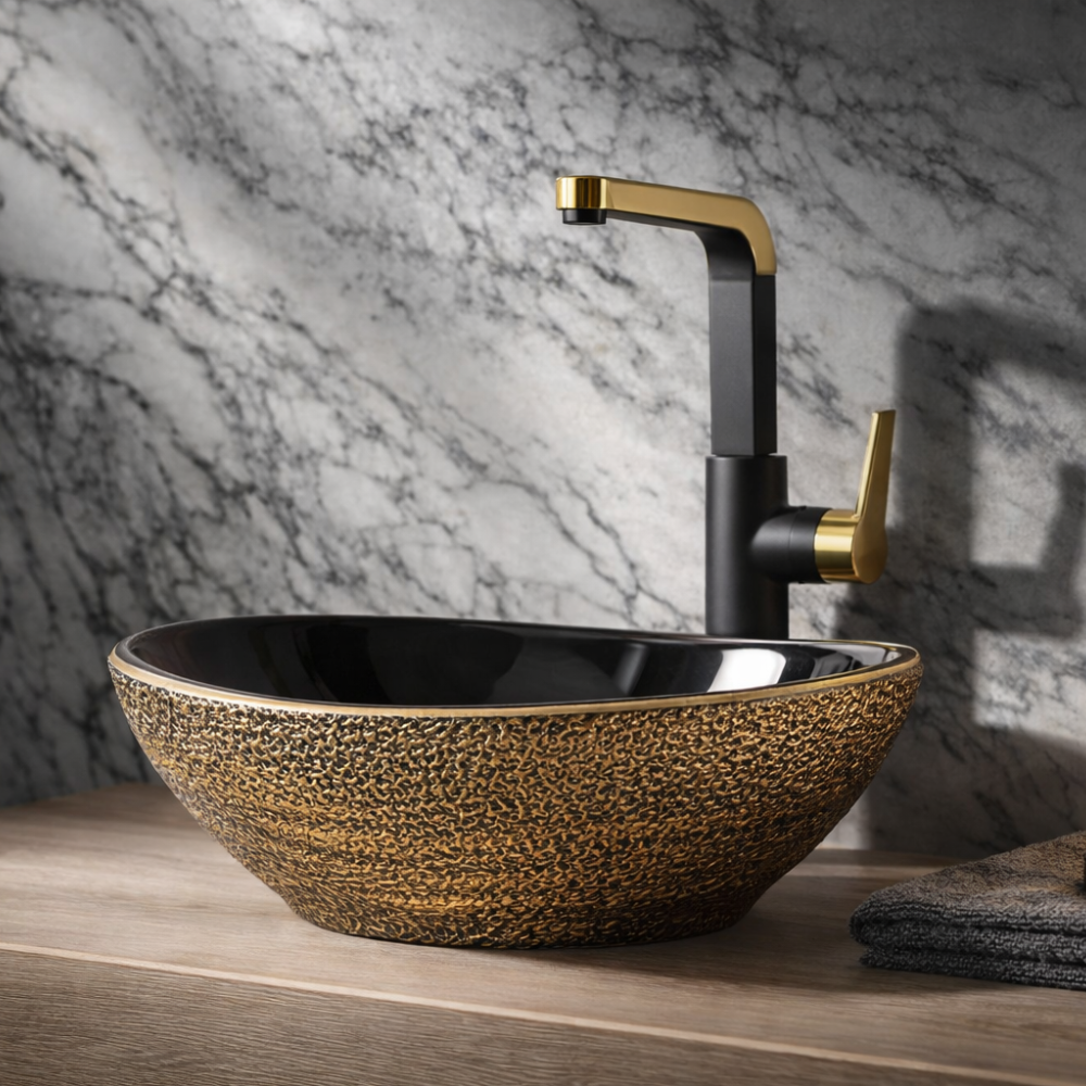 Design-Waschschale aus Keramik – Oval 40,5 × 33,5 × 14 cm, Vintage-Gold 