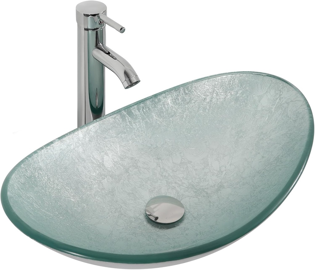 Design-Handwaschbecken mit Ablauf und Wasserhahn (Silber) aus Glas – Oval 53 × 35 cm, Transparent mit Silber-Finish