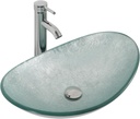 Design-Handwaschbecken mit Ablauf und Wasserhahn (Silber) aus Glas – Oval 53 × 35 cm, Transparent mit Silber-Finish